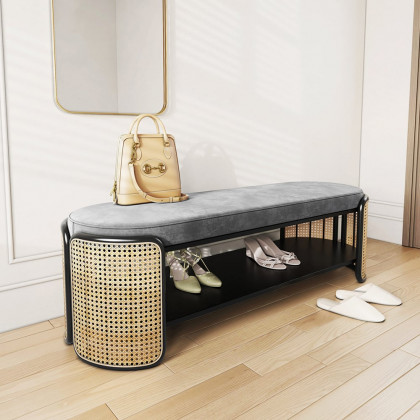 HMR - 49" Rattan Bench Modern Gray & Natural Upholstered Entryway Bench with Shoe Storage