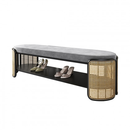 HMR - 49" Rattan Bench Modern Gray & Natural Upholstered Entryway Bench with Shoe Storage