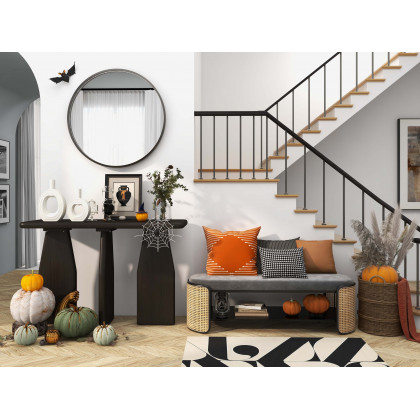 HMR - 49" Rattan Bench Modern Gray & Natural Upholstered Entryway Bench with Shoe Storage