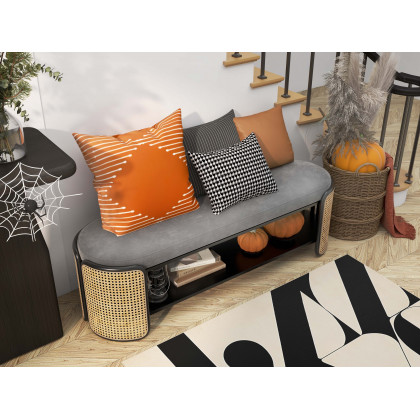HMR - 49" Rattan Bench Modern Gray & Natural Upholstered Entryway Bench with Shoe Storage