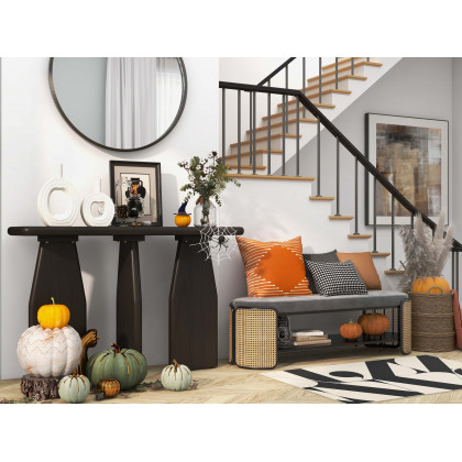 HMR - 49" Rattan Bench Modern Gray & Natural Upholstered Entryway Bench with Shoe Storage