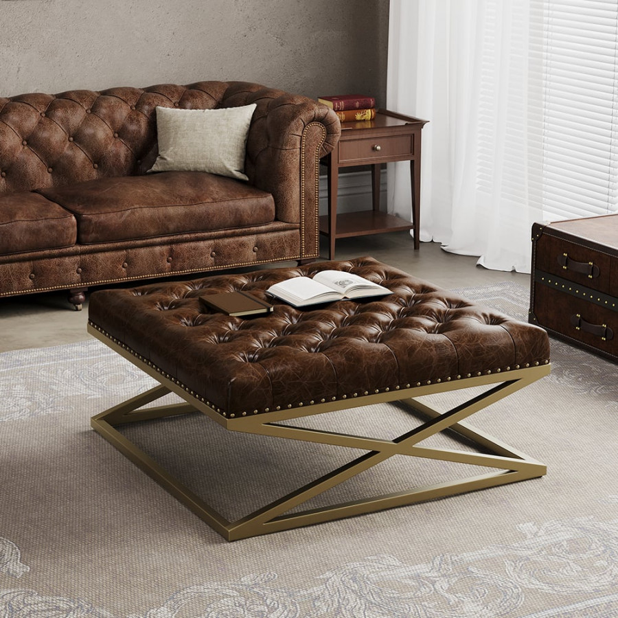 HMR - Top Grain Genuine Leather Square Coffee Table Brown Tufted Ottoman Antique Brass Frame