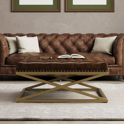 HMR - Top Grain Genuine Leather Square Coffee Table Brown Tufted Ottoman Antique Brass Frame