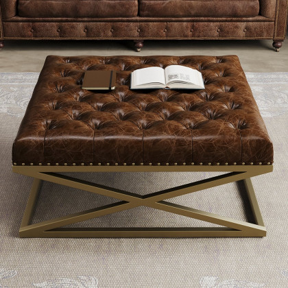 HMR - Top Grain Genuine Leather Square Coffee Table Brown Tufted Ottoman Antique Brass Frame