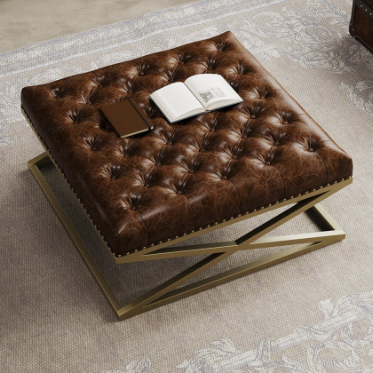 HMR - Top Grain Genuine Leather Square Coffee Table Brown Tufted Ottoman Antique Brass Frame