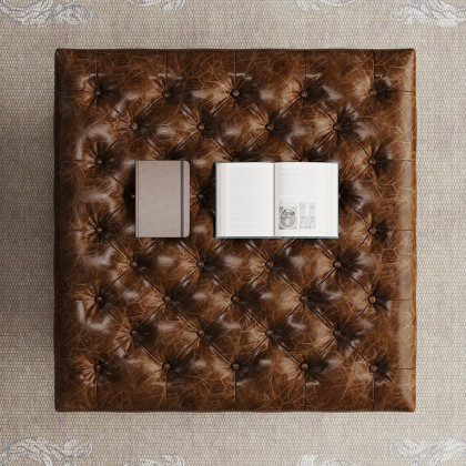 HMR - Top Grain Genuine Leather Square Coffee Table Brown Tufted Ottoman Antique Brass Frame