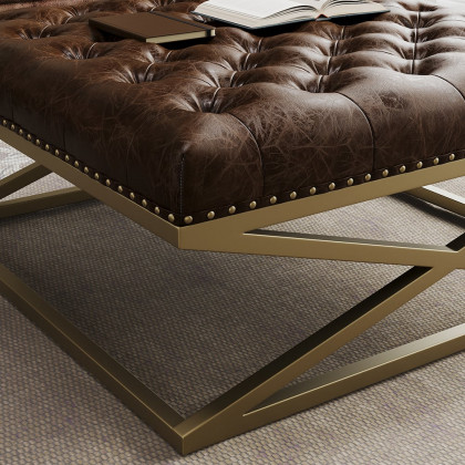 HMR - Top Grain Genuine Leather Square Coffee Table Brown Tufted Ottoman Antique Brass Frame