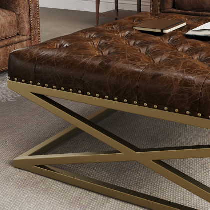 HMR - Top Grain Genuine Leather Square Coffee Table Brown Tufted Ottoman Antique Brass Frame