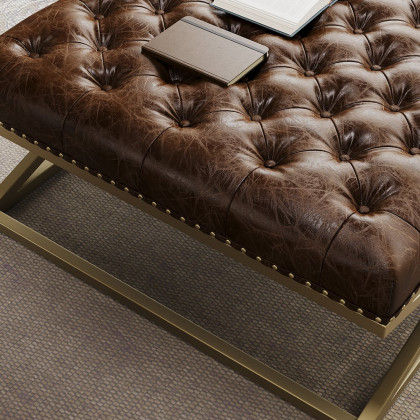 HMR - Top Grain Genuine Leather Square Coffee Table Brown Tufted Ottoman Antique Brass Frame
