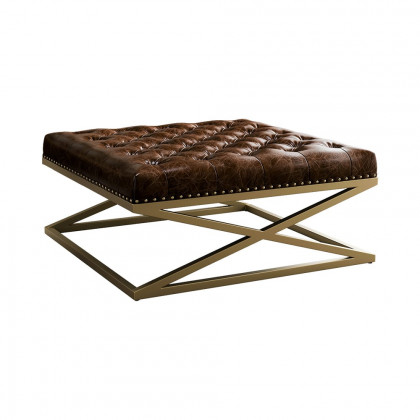 HMR - Top Grain Genuine Leather Square Coffee Table Brown Tufted Ottoman Antique Brass Frame