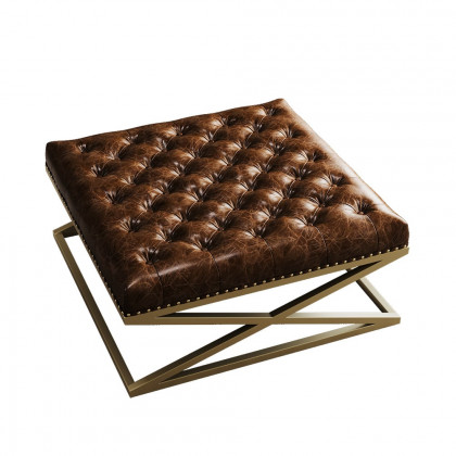 HMR - Top Grain Genuine Leather Square Coffee Table Brown Tufted Ottoman Antique Brass Frame