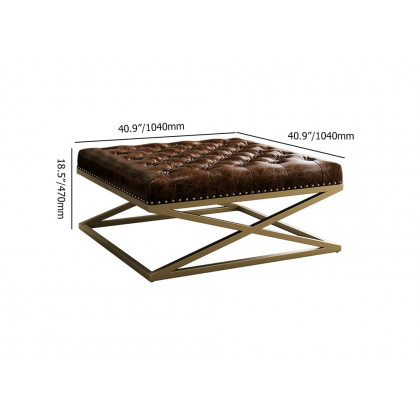HMR - Top Grain Genuine Leather Square Coffee Table Brown Tufted Ottoman Antique Brass Frame