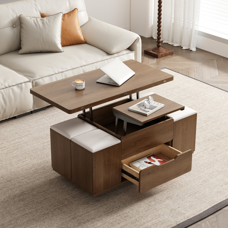 HMR 39" Lift-Top Foldable Coffee Table with 4 Stools & Storage - Walnut