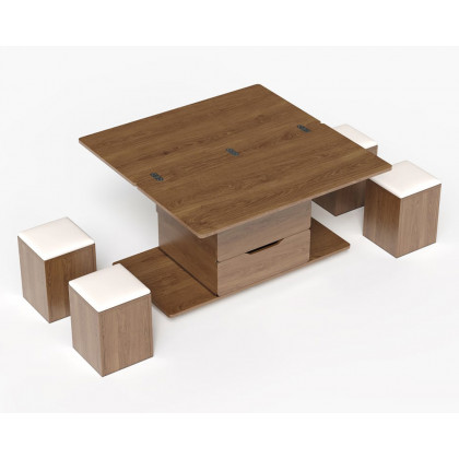 HMR 39" Lift-Top Foldable Coffee Table with 4 Stools & Storage - Walnut
