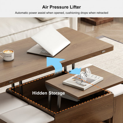 HMR 39" Lift-Top Foldable Coffee Table with 4 Stools & Storage - Walnut