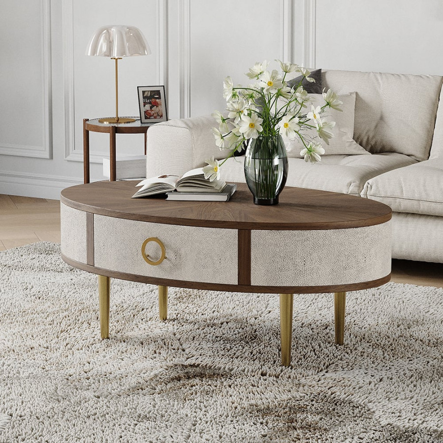 HMR - Mid Century Modern Shagreen Oval Coffee Table in Walnut & Gray & Gold with Storage