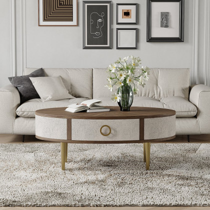 HMR - Mid Century Modern Shagreen Oval Coffee Table in Walnut & Gray & Gold with Storage