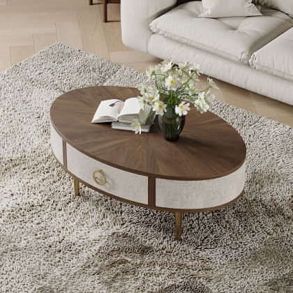 HMR - Mid Century Modern Shagreen Oval Coffee Table in Walnut & Gray & Gold with Storage