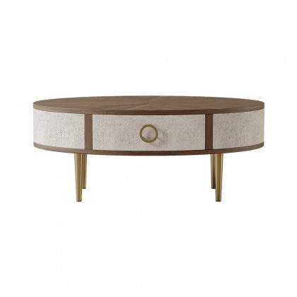HMR - Mid Century Modern Shagreen Oval Coffee Table in Walnut & Gray & Gold with Storage