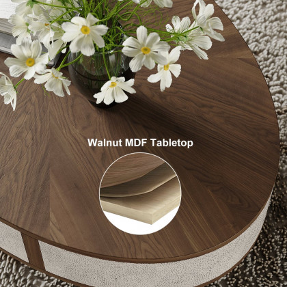 HMR - Mid Century Modern Shagreen Oval Coffee Table in Walnut & Gray & Gold with Storage