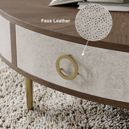 HMR - Mid Century Modern Shagreen Oval Coffee Table in Walnut & Gray & Gold with Storage