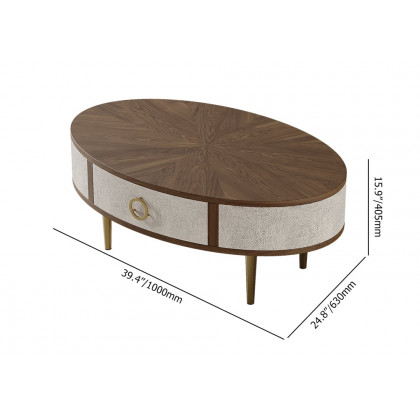 HMR - Mid Century Modern Shagreen Oval Coffee Table in Walnut & Gray & Gold with Storage