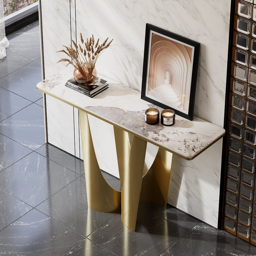 HMR - 47" Art Deco White & Gold Console Table with Sintered Stone Top & Stainless Steel Base