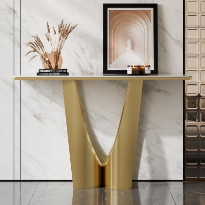 HMR - 47" Art Deco White & Gold Console Table with Sintered Stone Top & Stainless Steel Base