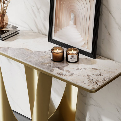 HMR - 47" Art Deco White & Gold Console Table with Sintered Stone Top & Stainless Steel Base