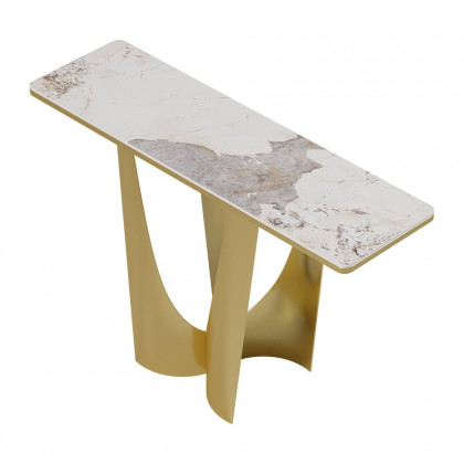 HMR - 47" Art Deco White & Gold Console Table with Sintered Stone Top & Stainless Steel Base
