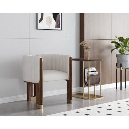 HMR Leather Fluted Upholstered Accent Chair with Wood Frame - White