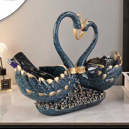 HMR - Creative Gold&Blue Swan Resin Remote Control Holder Living Room Storage Box Home Decor