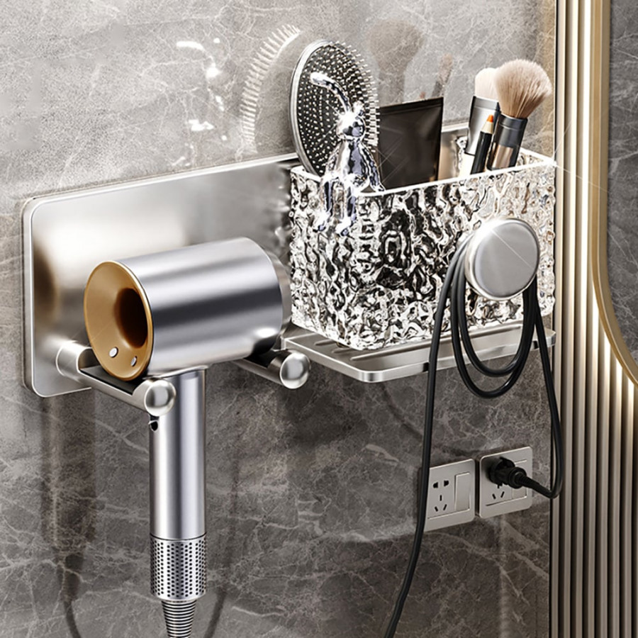 HMR - Acrylic Water Ripple Hair Dryer Holder Rack in Silver with Storage