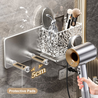 HMR - Acrylic Water Ripple Hair Dryer Holder Rack in Silver with Storage