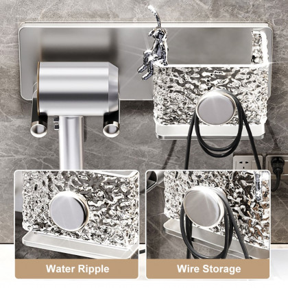 HMR - Acrylic Water Ripple Hair Dryer Holder Rack in Silver with Storage