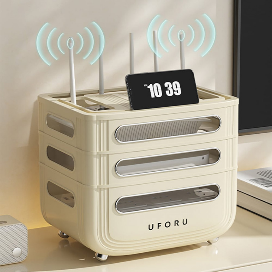 HMR - 3 Tier Modern Warm White Mount & Desktop Router Rack Box Cable Management Decor Storage