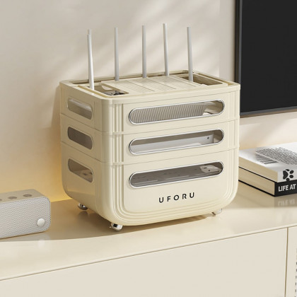 HMR - 3 Tier Modern Warm White Mount & Desktop Router Rack Box Cable Management Decor Storage