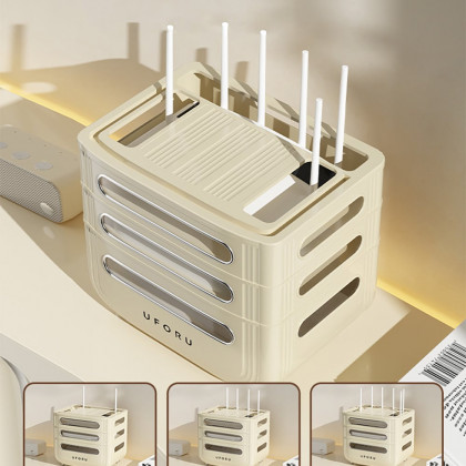 HMR - 3 Tier Modern Warm White Mount & Desktop Router Rack Box Cable Management Decor Storage