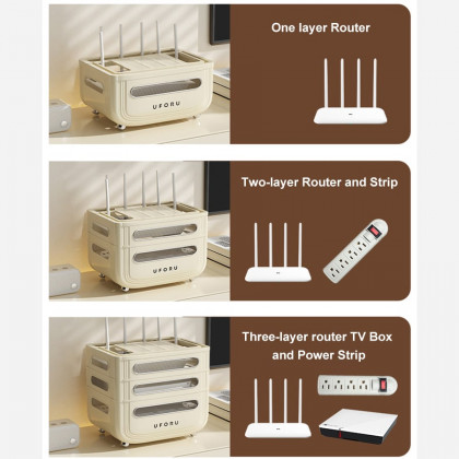 HMR - 3 Tier Modern Warm White Mount & Desktop Router Rack Box Cable Management Decor Storage