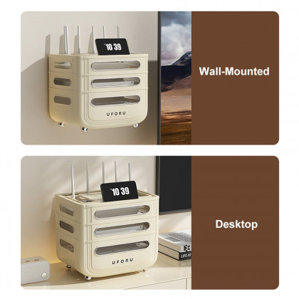 HMR - 3 Tier Modern Warm White Mount & Desktop Router Rack Box Cable Management Decor Storage
