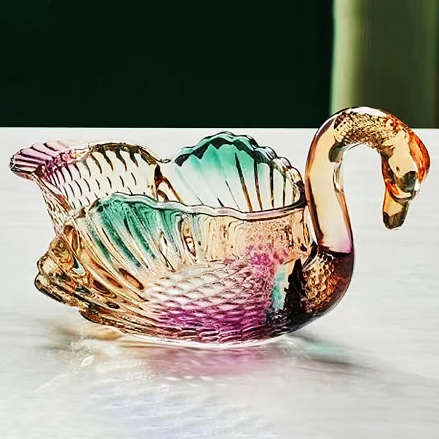 HMR - Glass Swan Fruit Bowl Iridescent Transparent Basket Colorful Snack Tray Plate Decor
