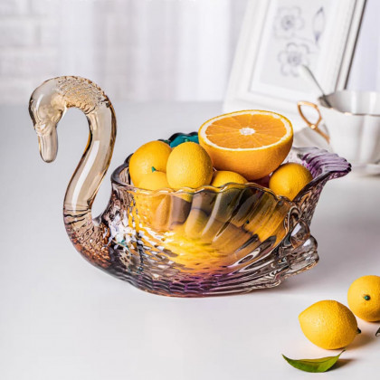 HMR - Glass Swan Fruit Bowl Iridescent Transparent Basket Colorful Snack Tray Plate Decor