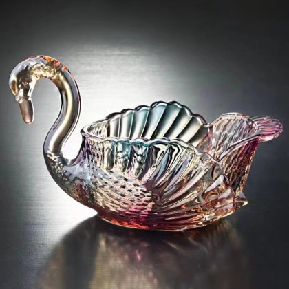 HMR - Glass Swan Fruit Bowl Iridescent Transparent Basket Colorful Snack Tray Plate Decor