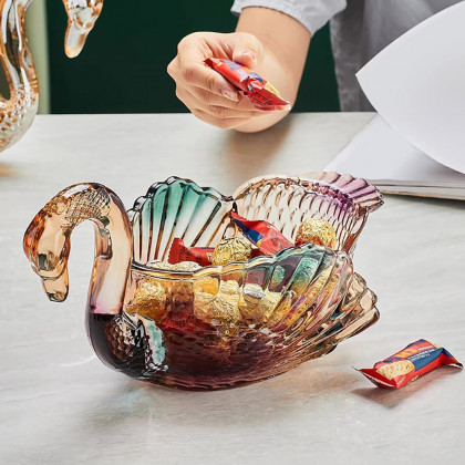 HMR - Glass Swan Fruit Bowl Iridescent Transparent Basket Colorful Snack Tray Plate Decor