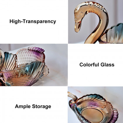 HMR - Glass Swan Fruit Bowl Iridescent Transparent Basket Colorful Snack Tray Plate Decor