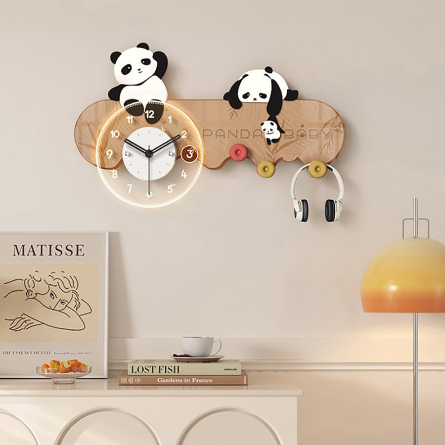 HMR - 4-Hook Wall Mounted Decorative Panda Coat Rack with 9.8'' LED Acrylic Clock