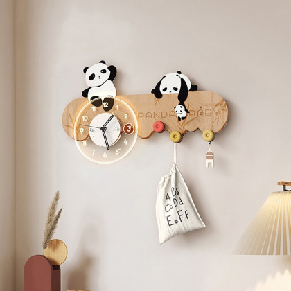 HMR - 4-Hook Wall Mounted Decorative Panda Coat Rack with 9.8'' LED Acrylic Clock