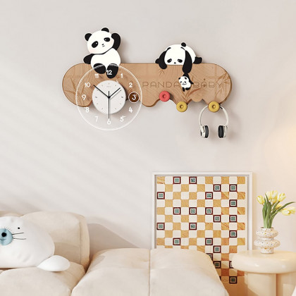 HMR - 4-Hook Wall Mounted Decorative Panda Coat Rack with 9.8'' LED Acrylic Clock