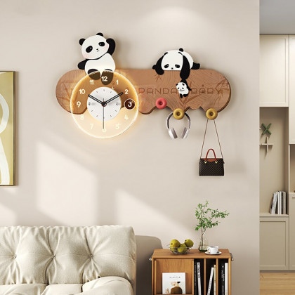 HMR - 4-Hook Wall Mounted Decorative Panda Coat Rack with 9.8'' LED Acrylic Clock