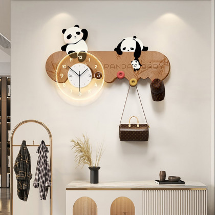 HMR - 4-Hook Wall Mounted Decorative Panda Coat Rack with 9.8'' LED Acrylic Clock